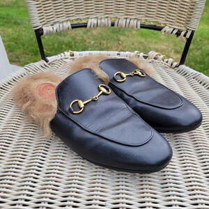 Gucci Women’s Princetown Fur-Lined Leather Slipper Slides Black, Size 37